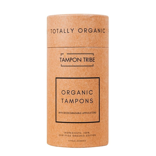 A tube of Super Plus Organic Tampons, 12ct, showcasing eco-friendly packaging and organic cotton tampons.