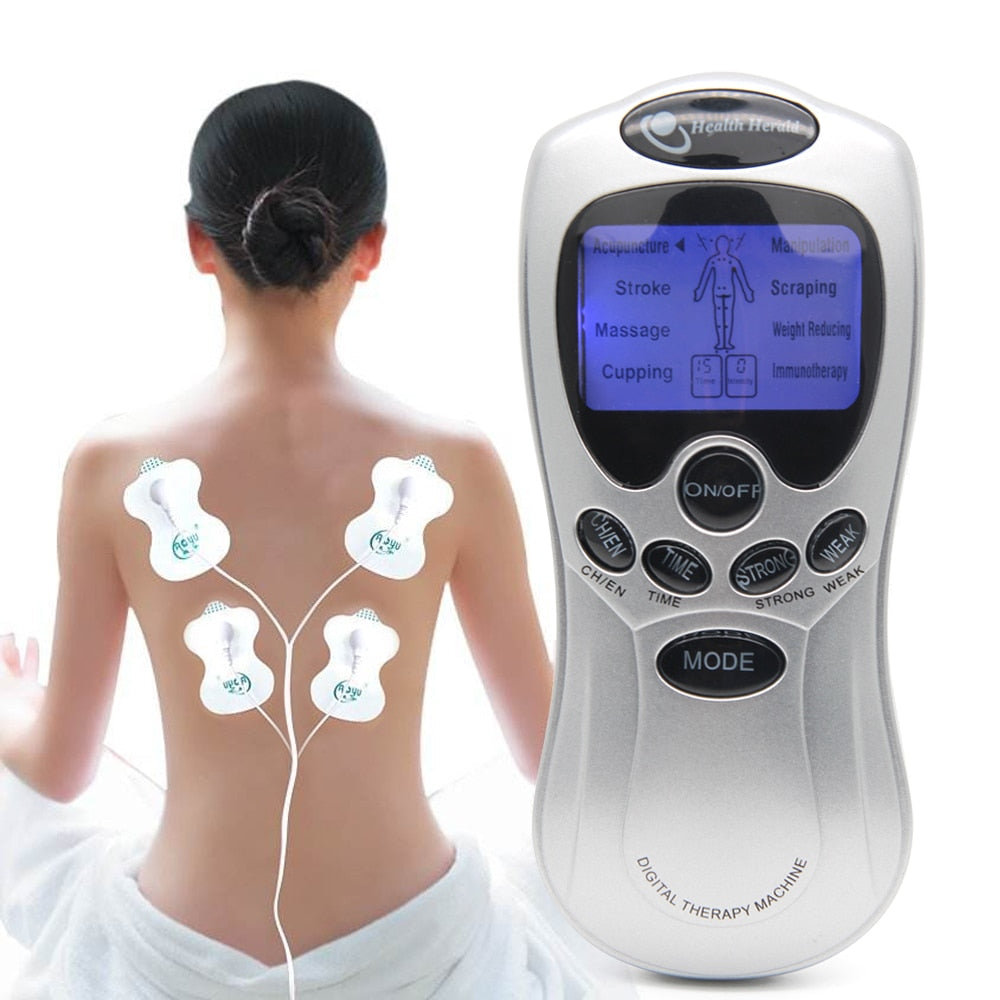 Acupuncture Electric Digital Neck Back Machine with electrode pads and LCD display for massage therapy.