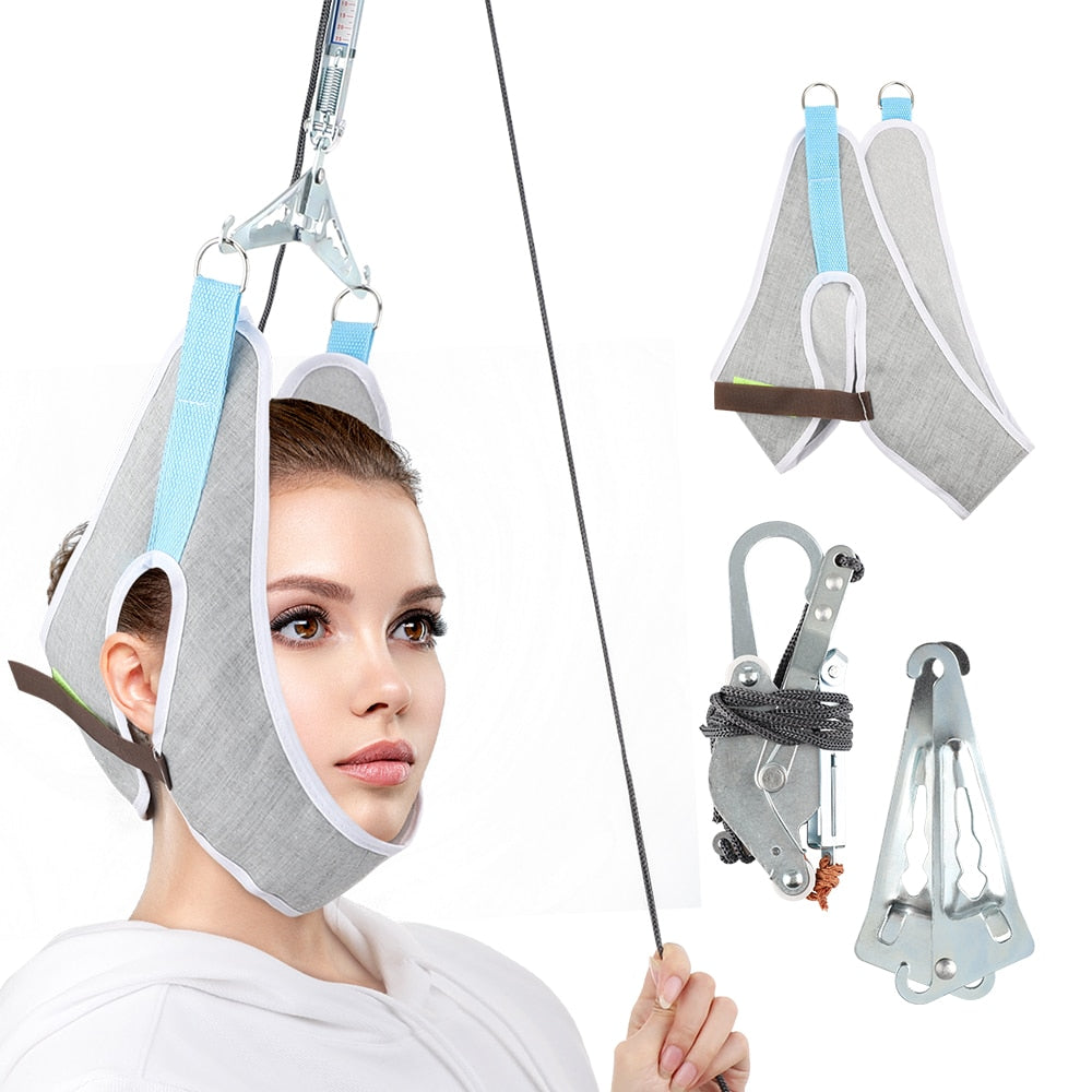 Adjustable Hanging Neck Posture Corrector kit with components for cervical traction therapy, designed for neck pain relief.