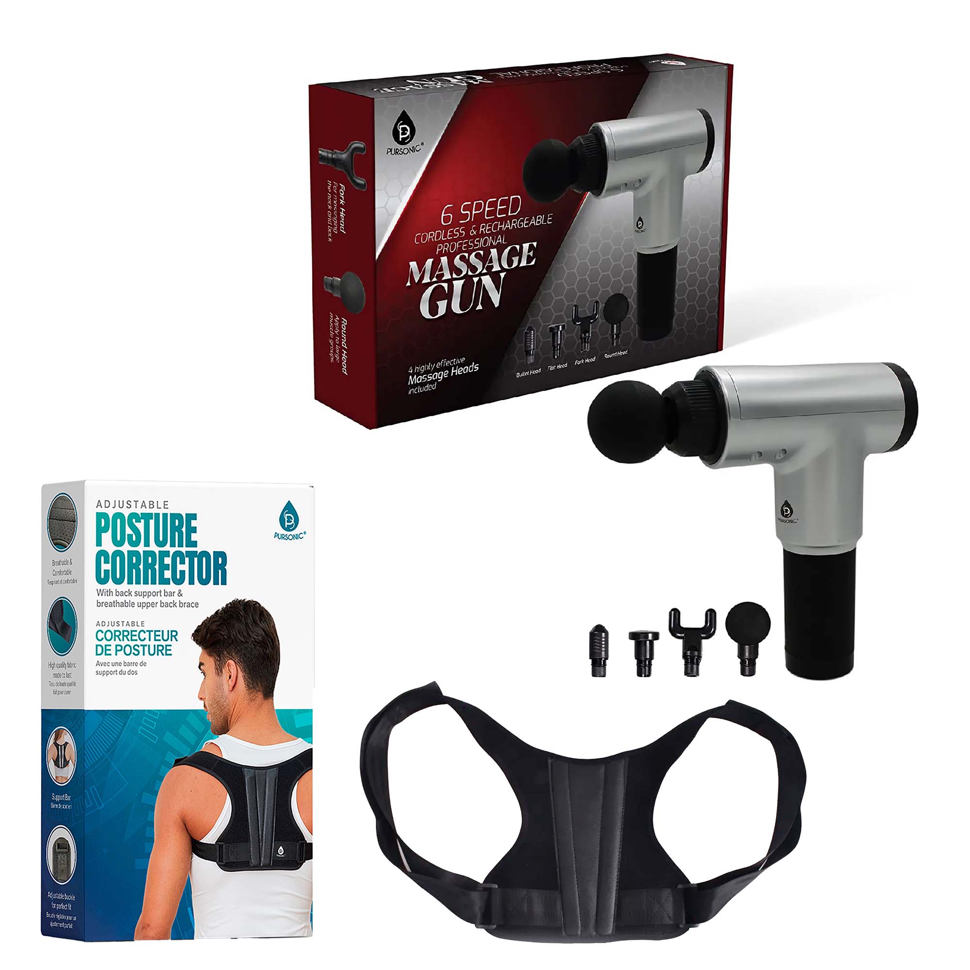 Adjustable Posture Corrector and Professional Massage Gun set, showcasing ergonomic design and multiple massage heads for effective muscle relief.