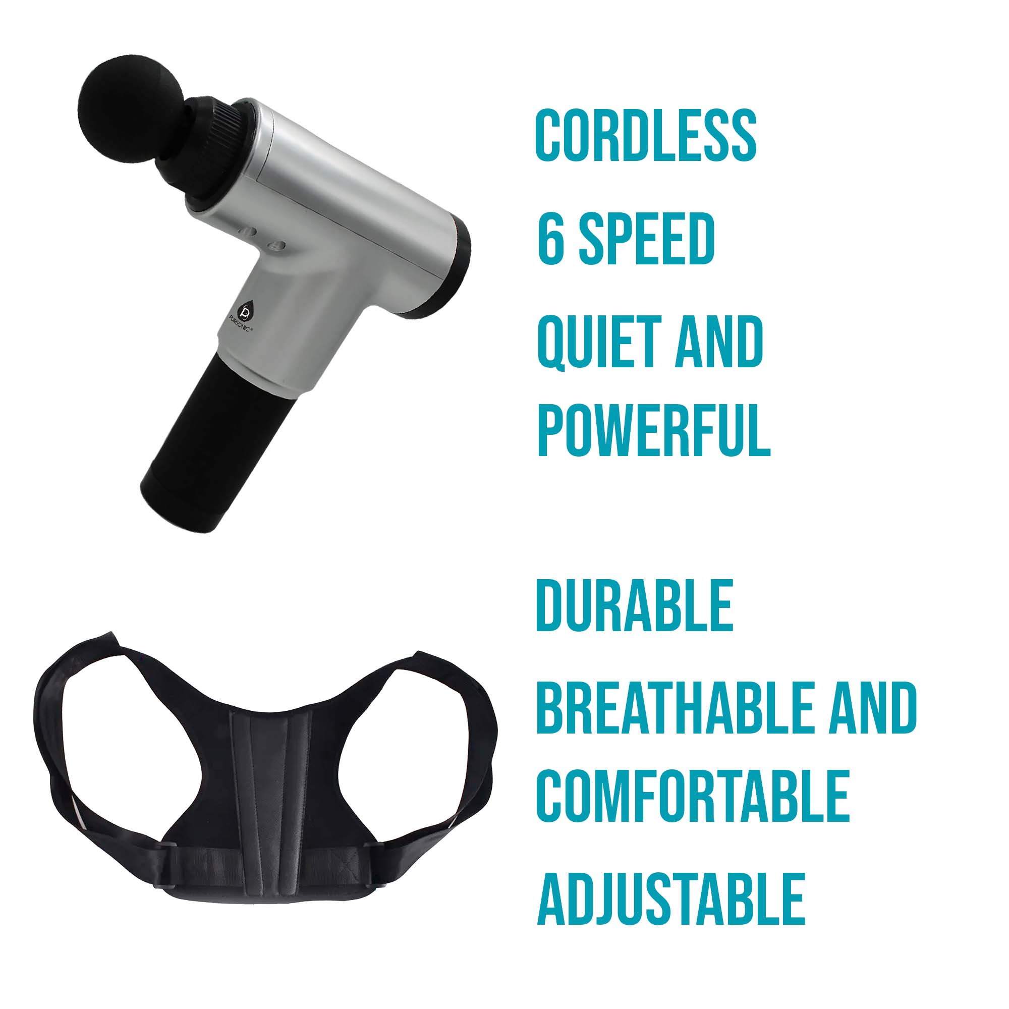 Adjustable Posture Corrector and Professional Massage Gun set, showcasing ergonomic design and multiple massage heads for effective muscle relief.