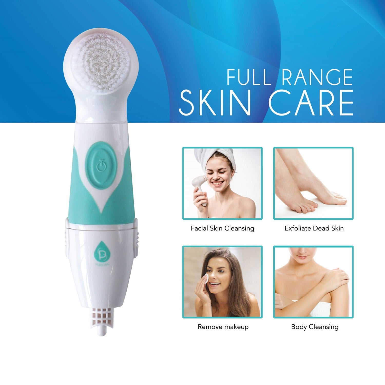 Advanced Facial & Body Cleansing Brush with extended handle and multiple brush heads for versatile skincare.