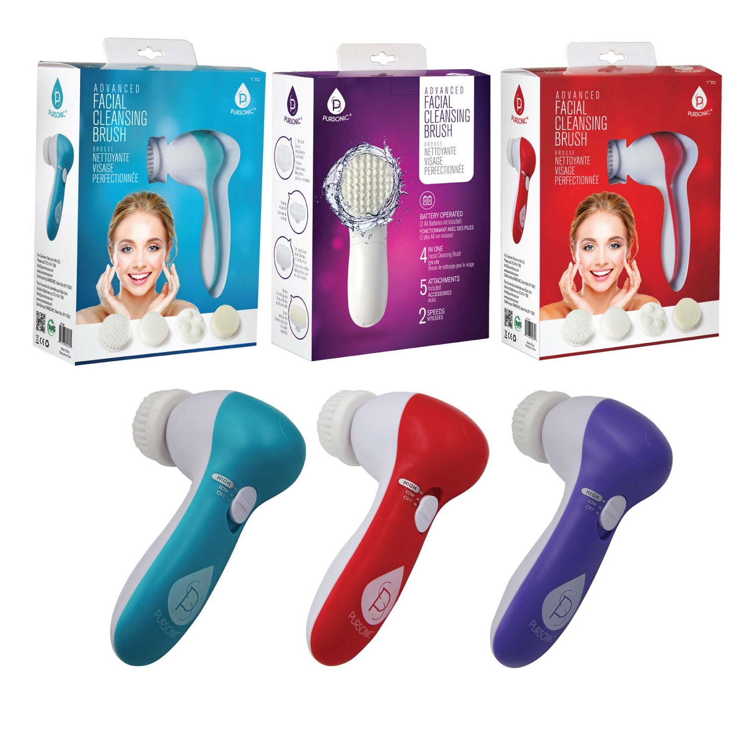 Pursonic FC110 Advanced Facial Cleansing Brush with multiple attachments in blue, purple, and red colors.