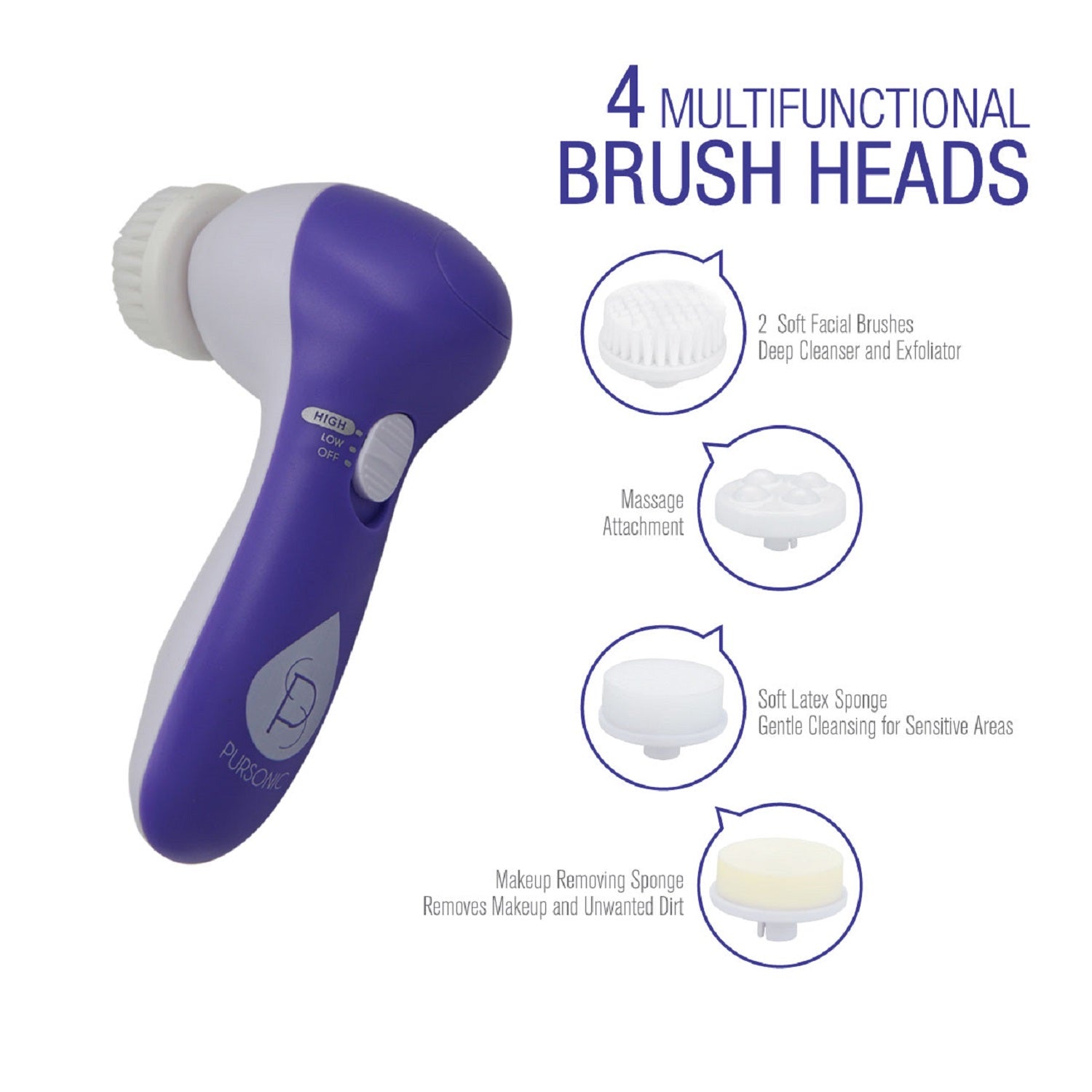 Pursonic FC110 Advanced Facial Cleansing Brush with multiple attachments in blue, purple, and red colors.