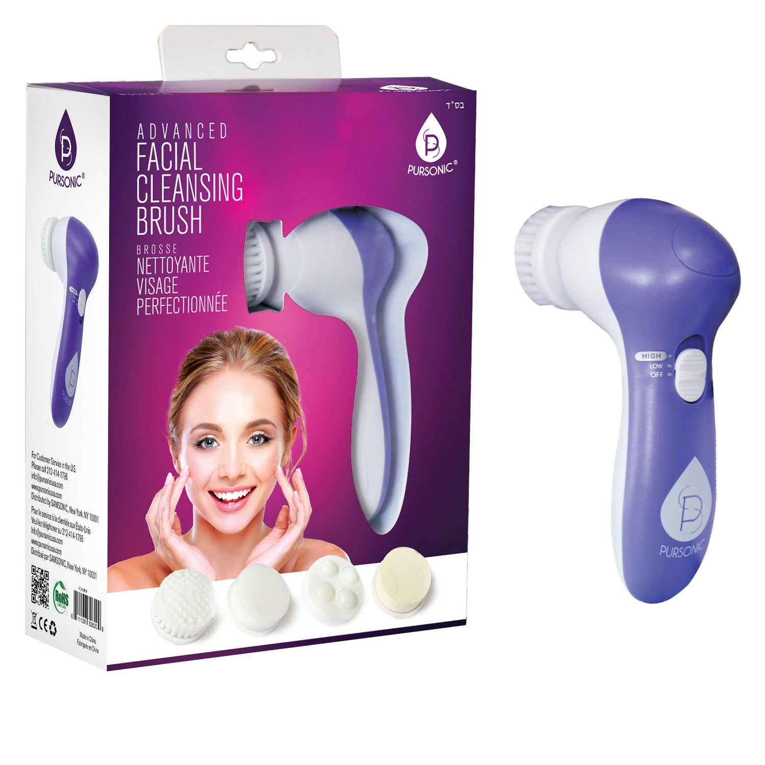 Pursonic FC110 Advanced Facial Cleansing Brush with multiple attachments in blue, purple, and red colors.