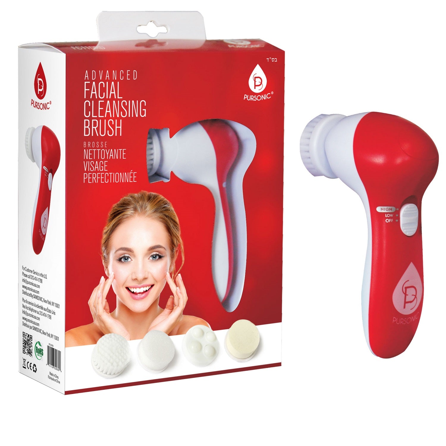 Pursonic FC110 Advanced Facial Cleansing Brush with multiple attachments in blue, purple, and red colors.