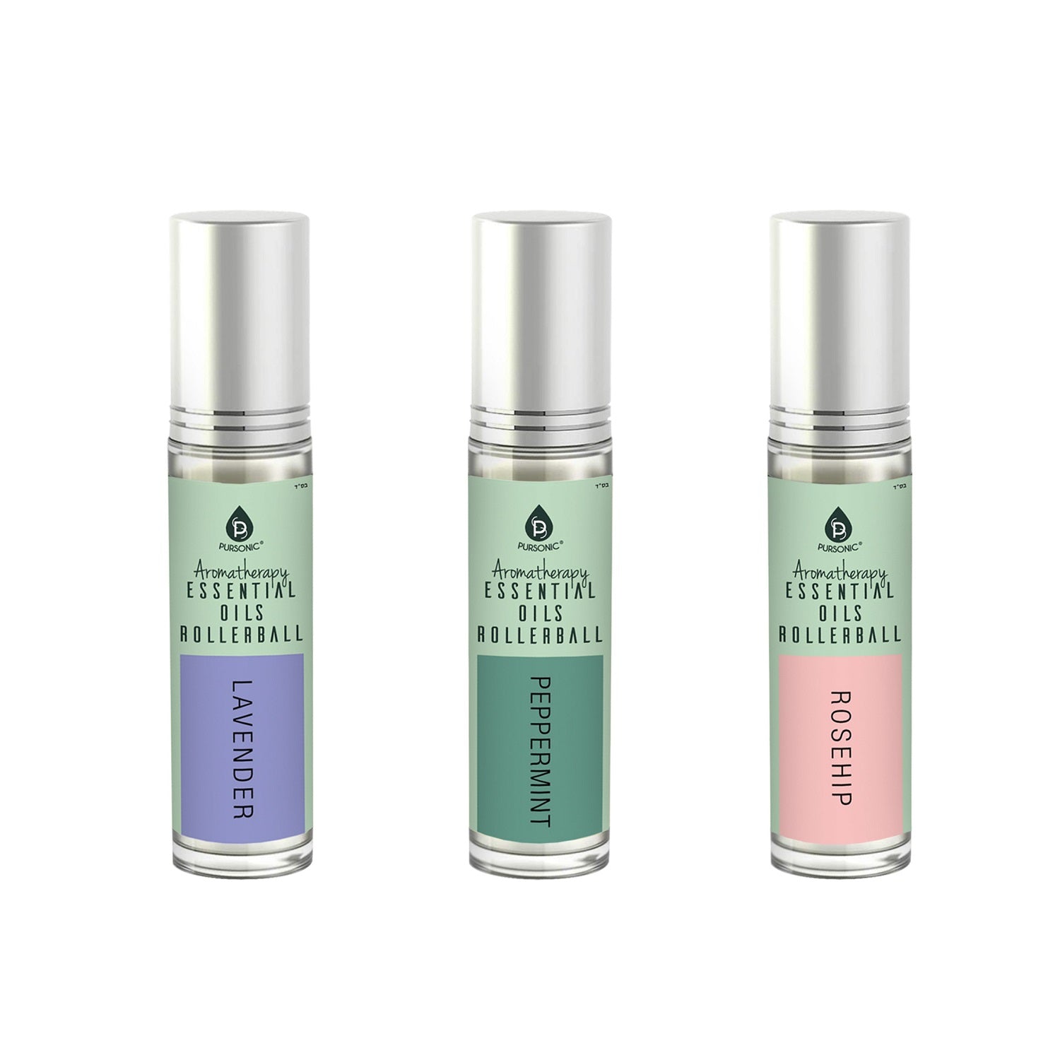 Aromatherapy Essential Oil Rollerballs featuring Lavender, Peppermint, and Rosehip in a stylish packaging, perfect for relaxation and skincare.