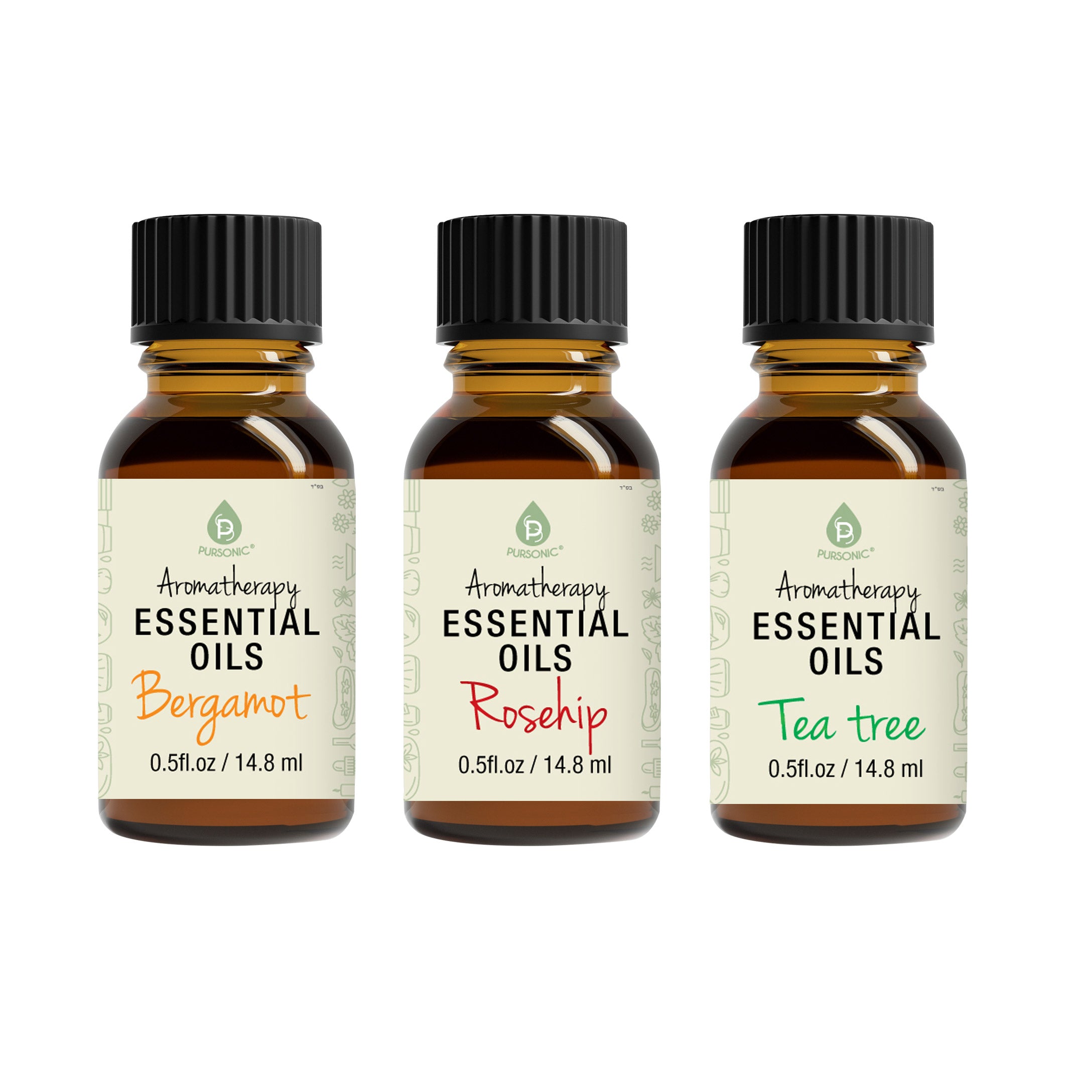 Aromatherapy Essential Oils set featuring Bergamot, Rosehip, and Tea Tree oils in elegant bottles, perfect for relaxation and skincare.