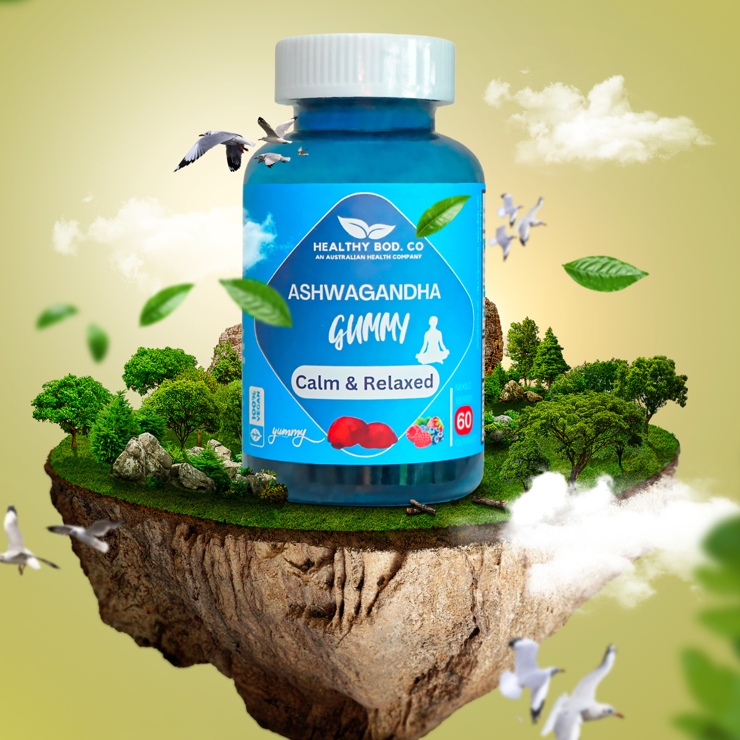 A bottle of Ashwagandha Gummies featuring 60 vegan gummies with a natural berry flavor, designed for stress relief and enhanced performance.