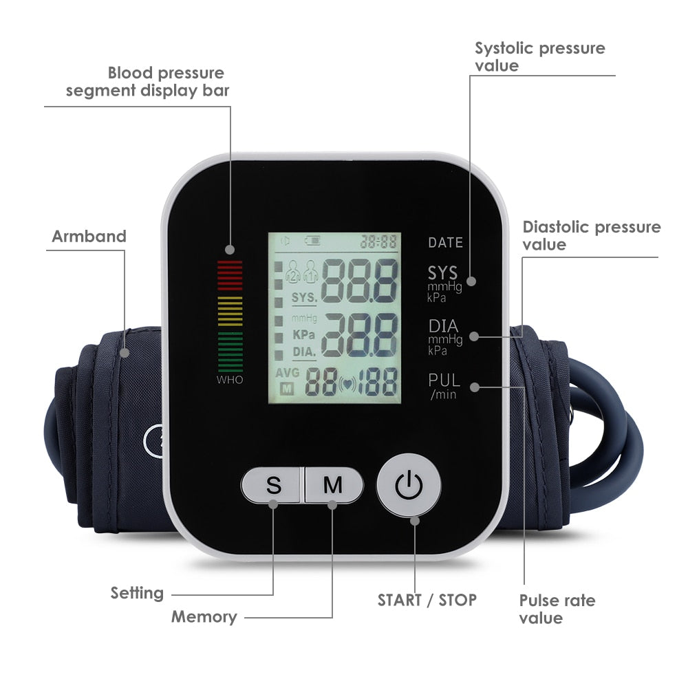 Automatic Digital Wrist Blood Pressure Monitor with large display and adjustable cuff, designed for easy home use.