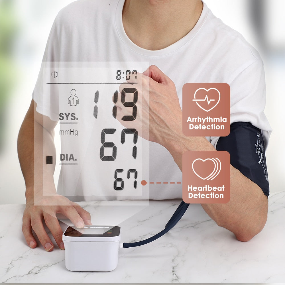 Automatic Digital Wrist Blood Pressure Monitor with large display and adjustable cuff, designed for easy home use.