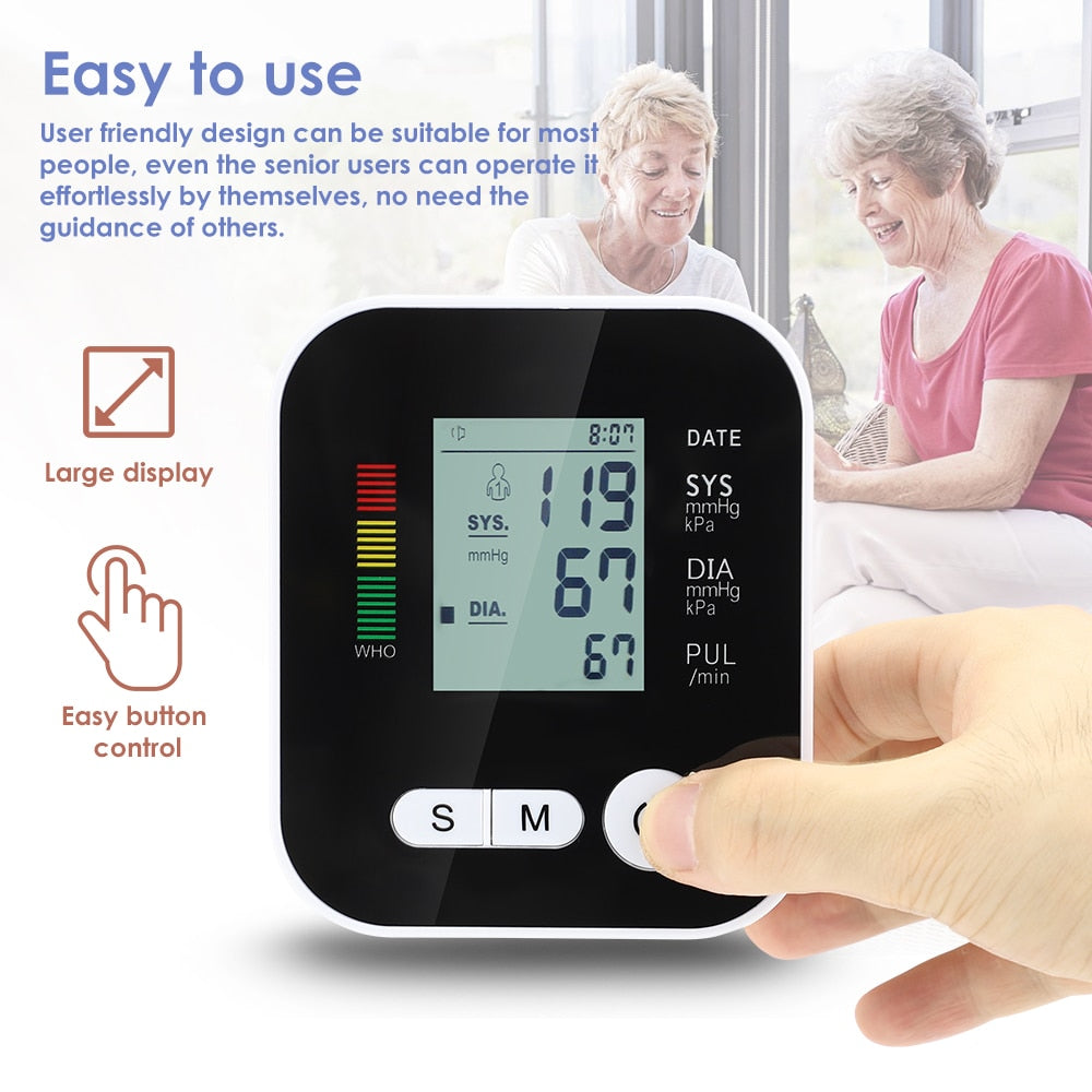 Automatic Digital Wrist Blood Pressure Monitor with large display and adjustable cuff, designed for easy home use.