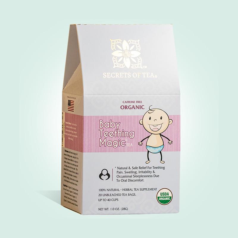 A box of Baby Teething Relief Tea with herbal ingredients displayed, designed for soothing teething pain in infants.