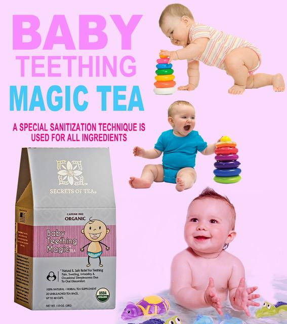 A box of Baby Teething Relief Tea with herbal ingredients displayed, designed for soothing teething pain in infants.