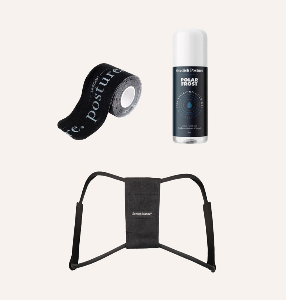 Back Pain Smart Kit featuring Trainer 3in1, Kinesio tape roll, and Aloe Vera cold gel roll-on for effective back pain relief.