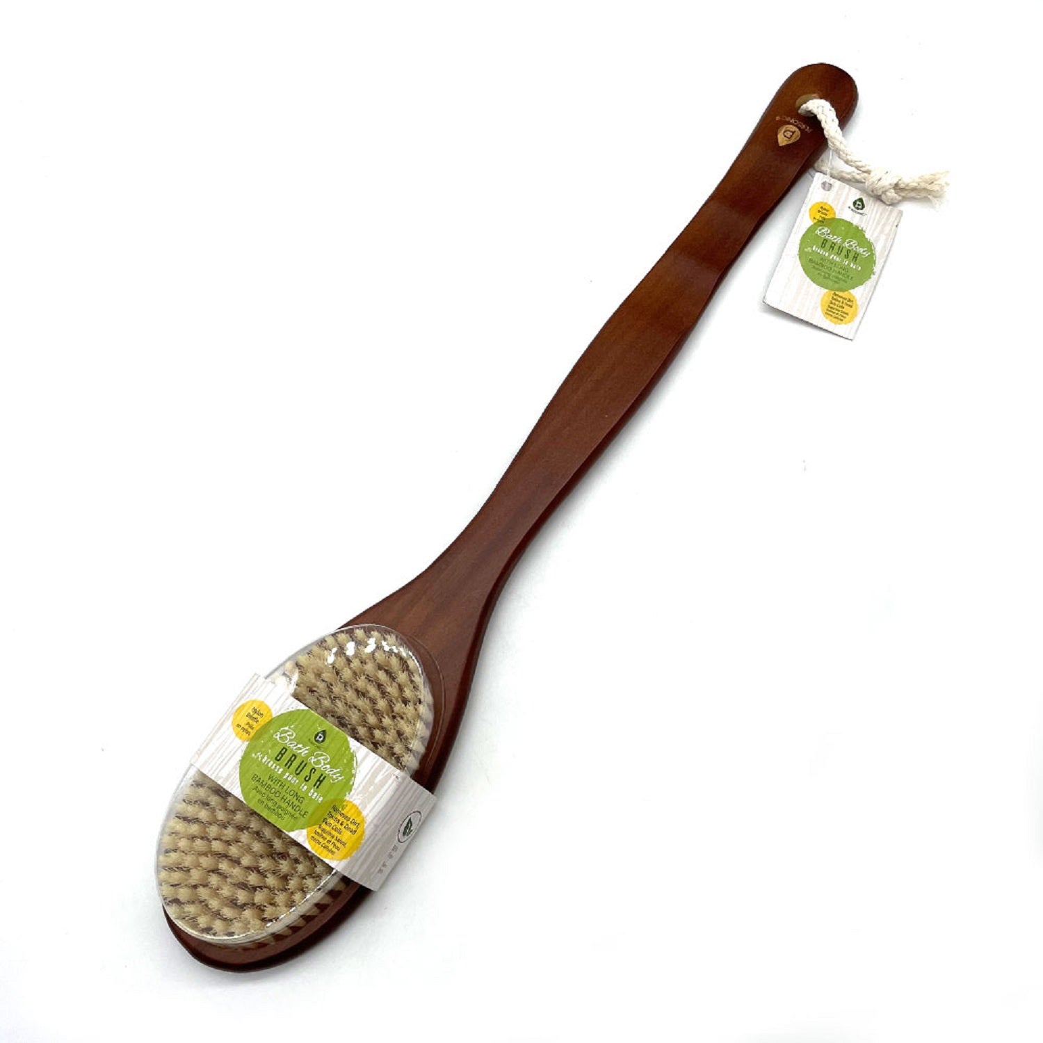 Bath Body Brush with Long Bamboo Handle featuring soft nylon bristles and a sustainable bamboo design for effective exfoliation.