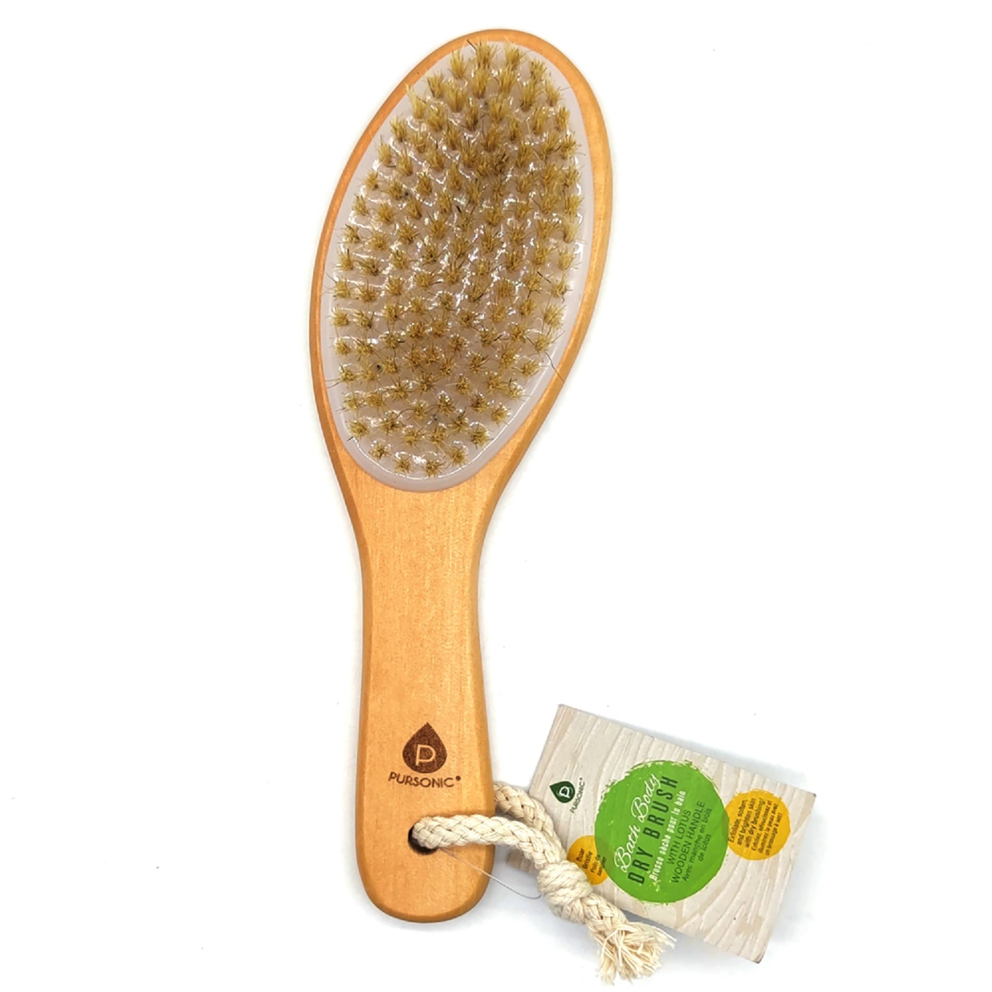 Bath Body Brush with a Lotus Wooden Handle, featuring soft nylon bristles for gentle exfoliation and a long bamboo handle for easy reach.