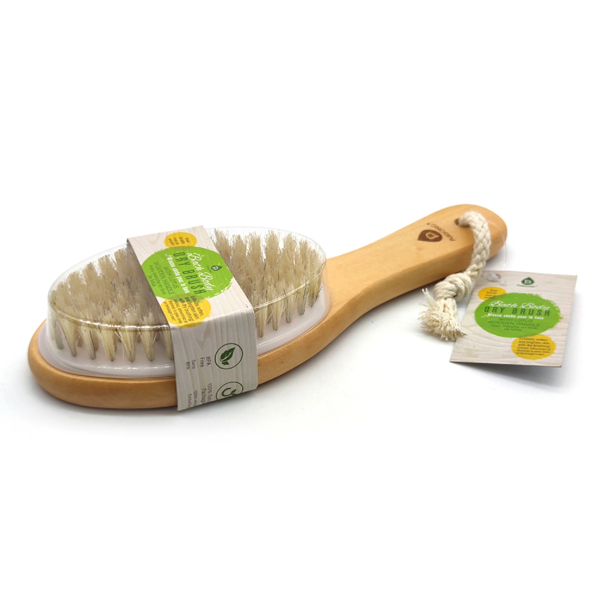 Bath Body Brush with a Lotus Wooden Handle, featuring soft nylon bristles for gentle exfoliation and a long bamboo handle for easy reach.