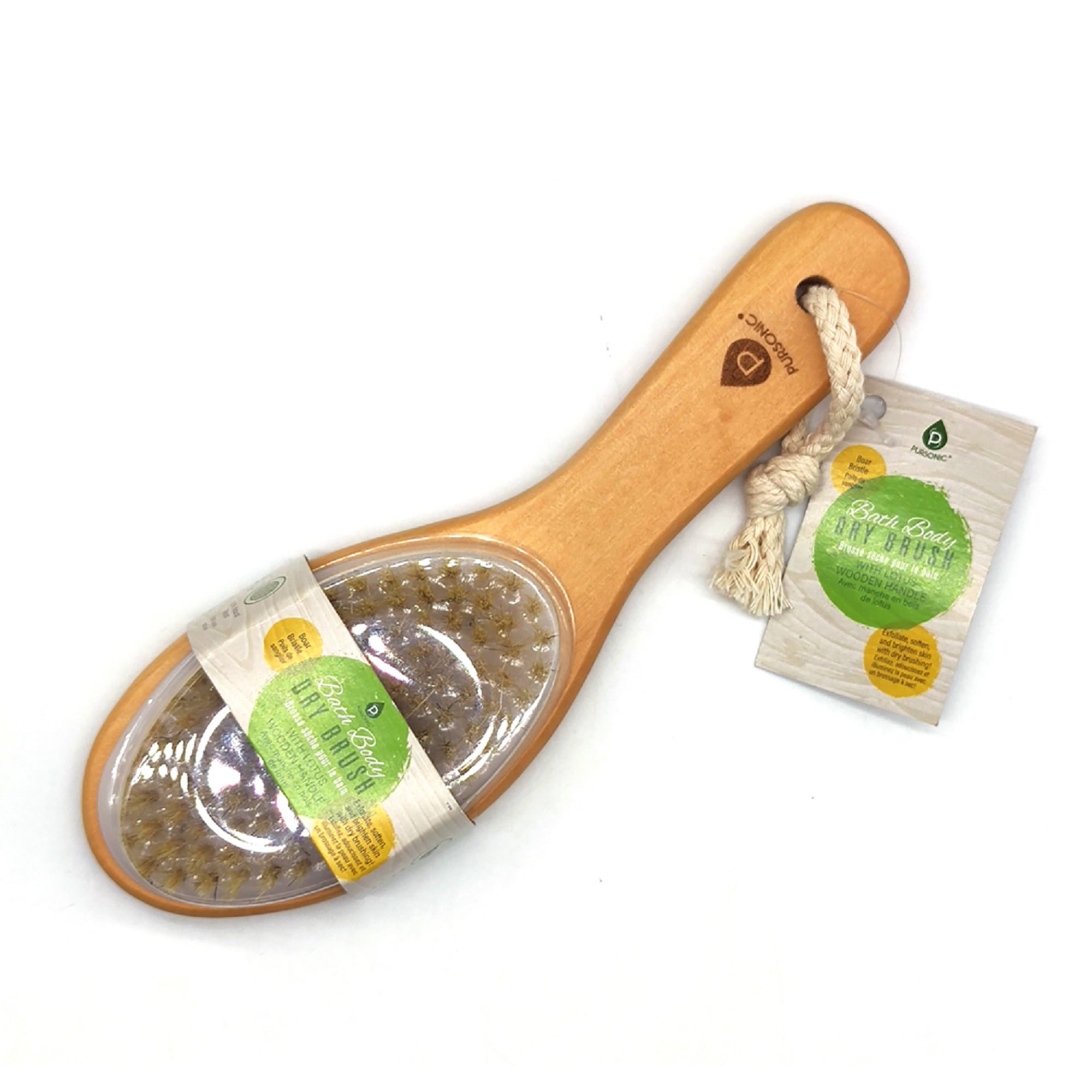 Bath Body Brush with a Lotus Wooden Handle, featuring soft nylon bristles for gentle exfoliation and a long bamboo handle for easy reach.