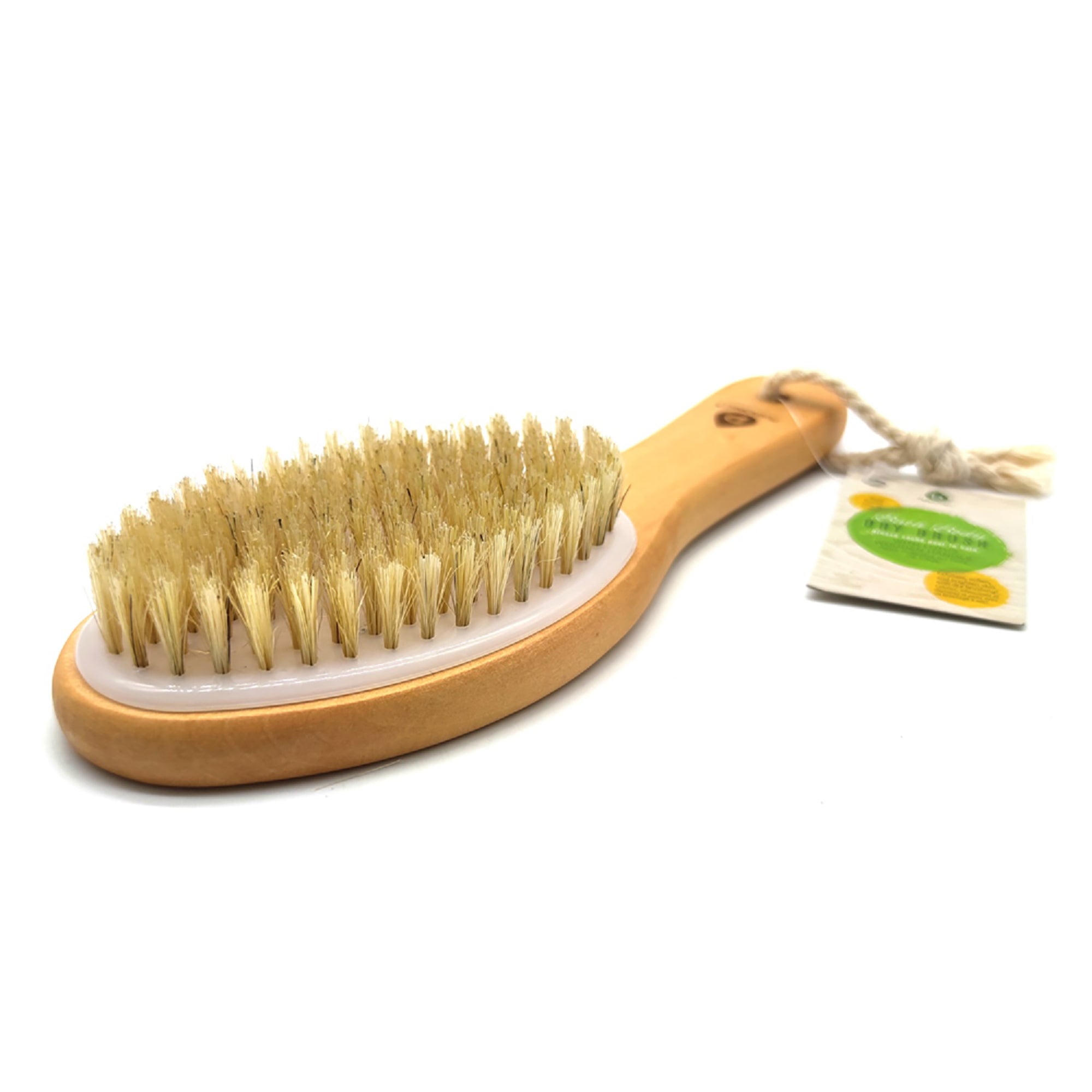 Bath Body Brush with a Lotus Wooden Handle, featuring soft nylon bristles for gentle exfoliation and a long bamboo handle for easy reach.