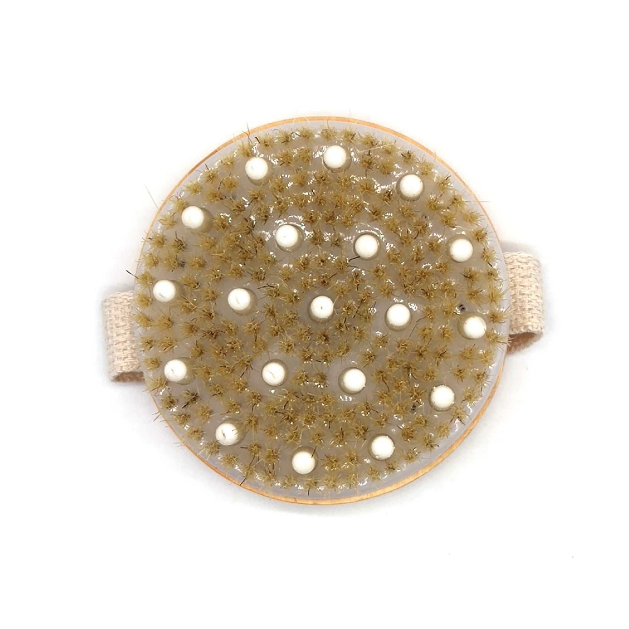 Bath Brush and Rubber Massager with a Lotus wooden handle, featuring rounded nodules for muscle relief and a hand strap for easy use.