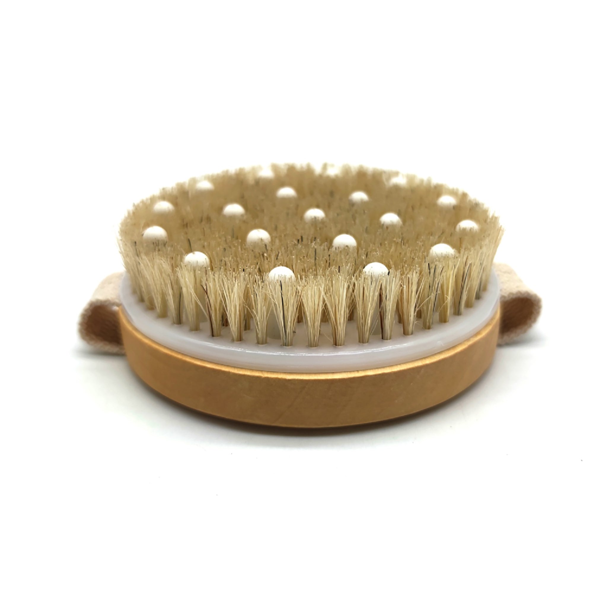 Bath Brush and Rubber Massager with a Lotus wooden handle, featuring rounded nodules for muscle relief and a hand strap for easy use.