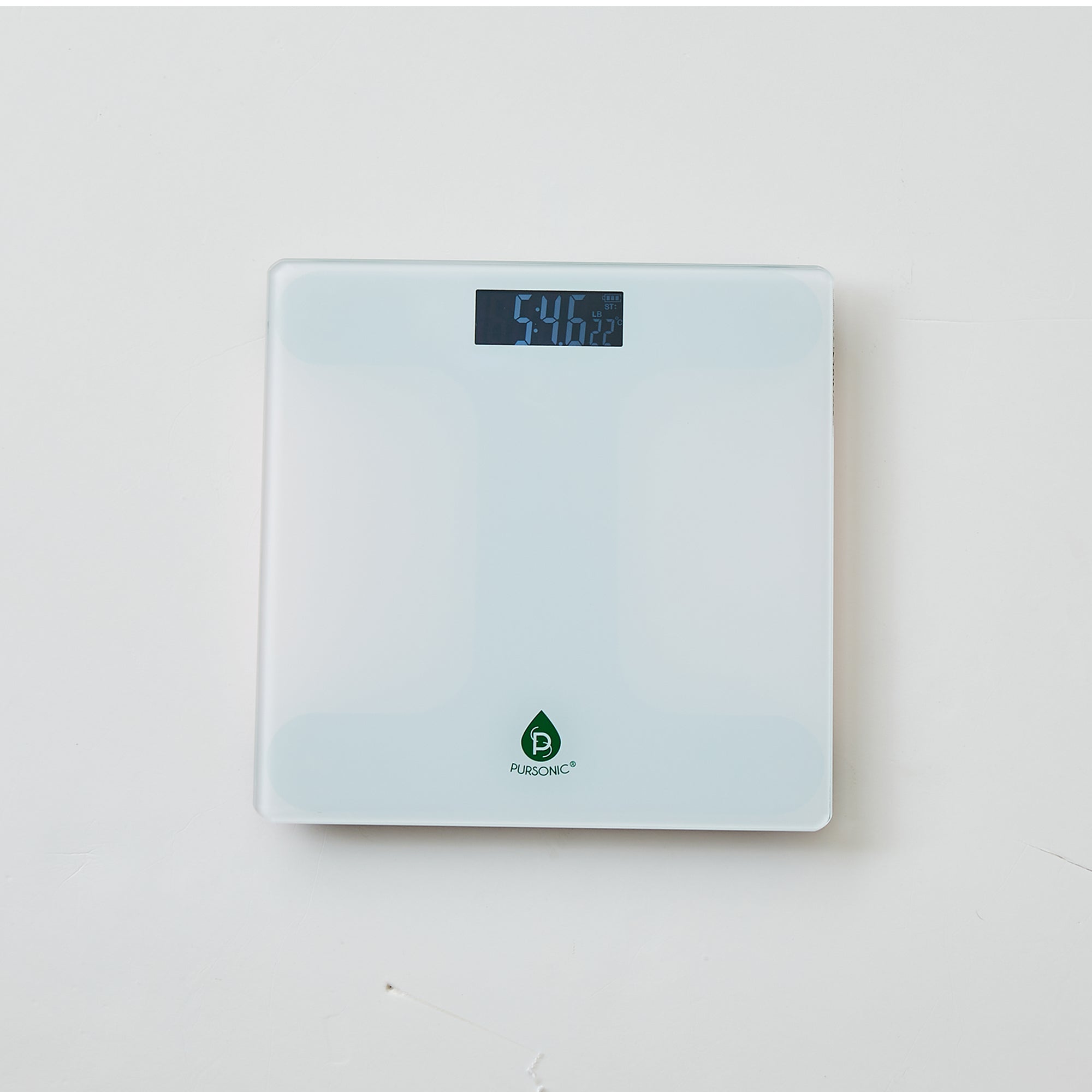 Pursonic Bathroom Digital Scale with a sleek tempered glass design and clear LCD display, perfect for weight monitoring.