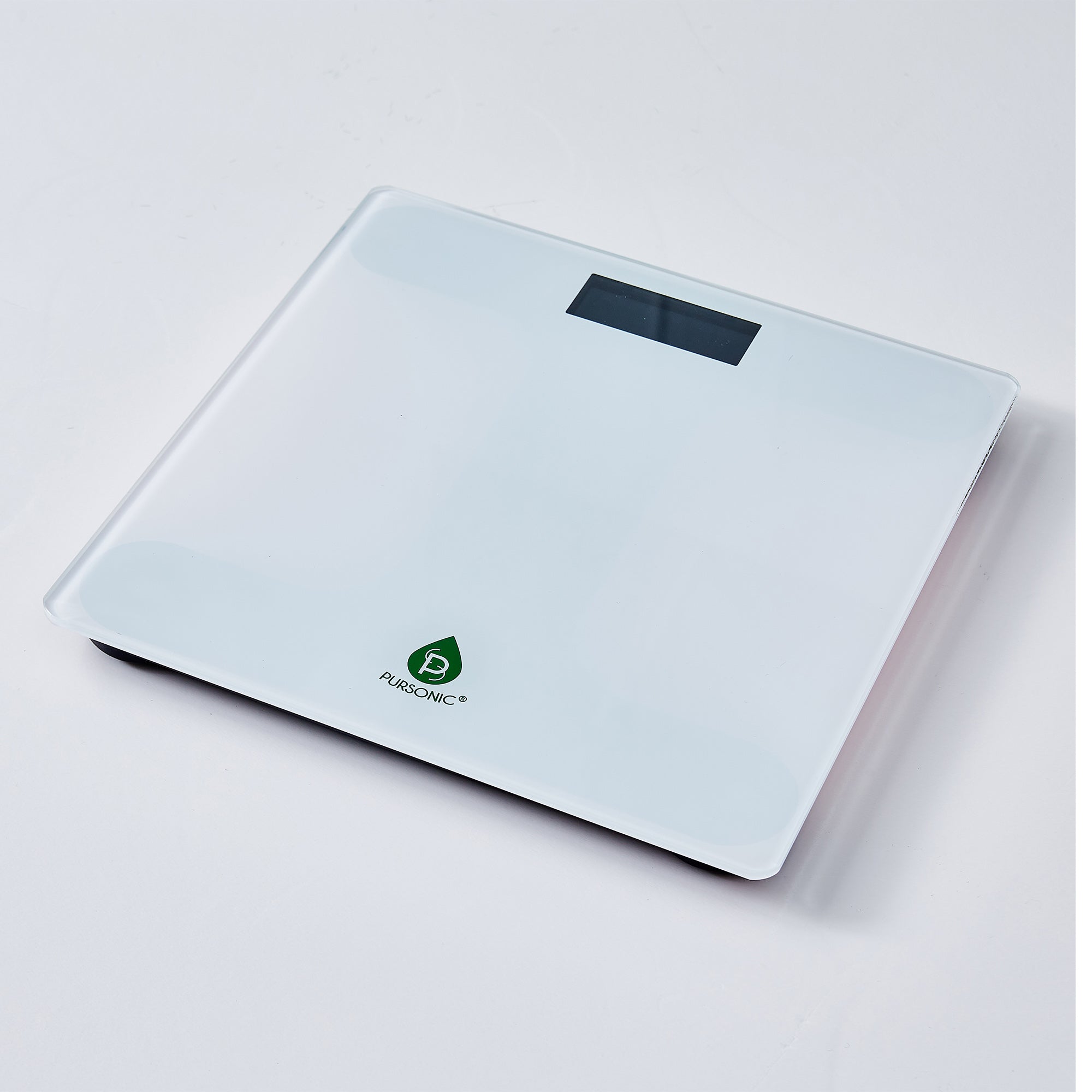 Pursonic Bathroom Digital Scale with a sleek tempered glass design and clear LCD display, perfect for weight monitoring.