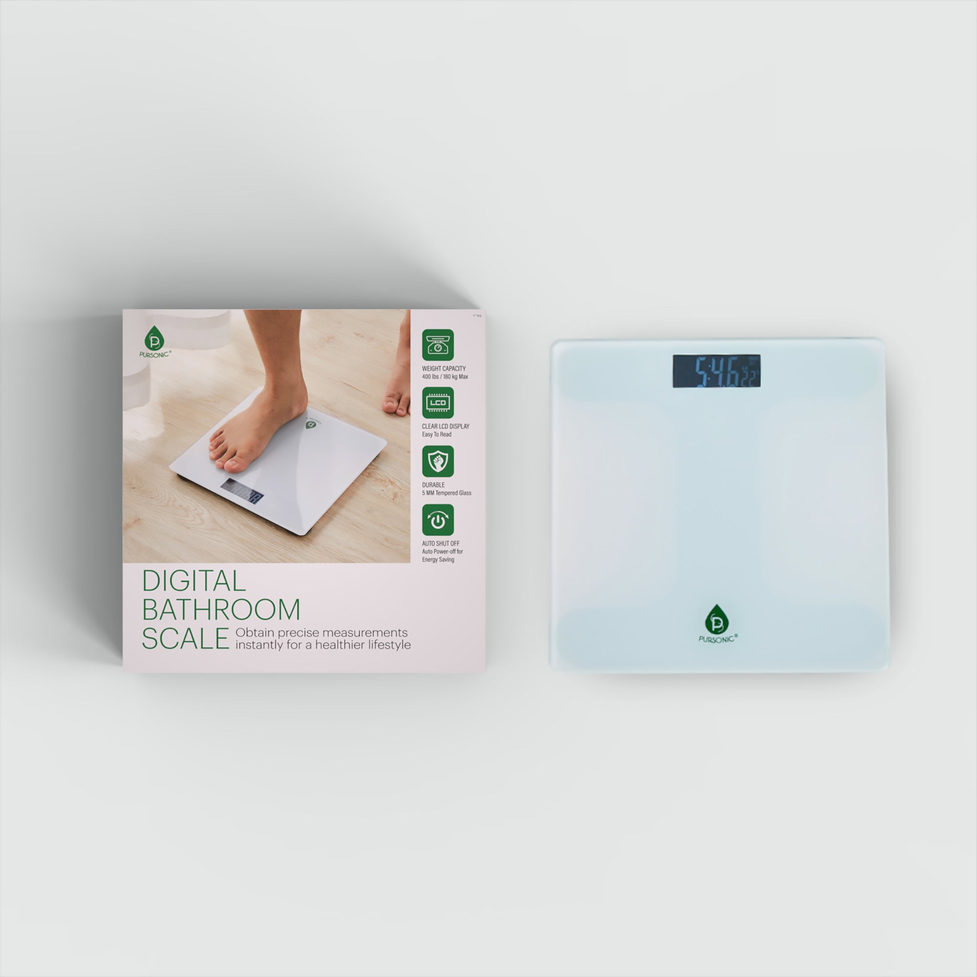 Pursonic Bathroom Digital Scale with a sleek tempered glass design and clear LCD display, perfect for weight monitoring.