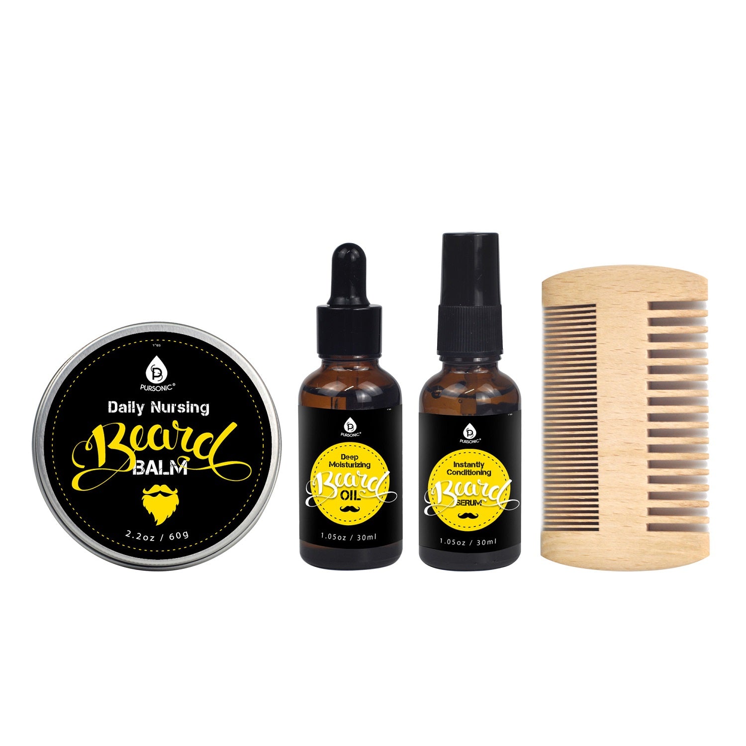 Beard Care Grooming Kit featuring a beard comb, oil, balm, and serum, all designed for optimal beard maintenance.