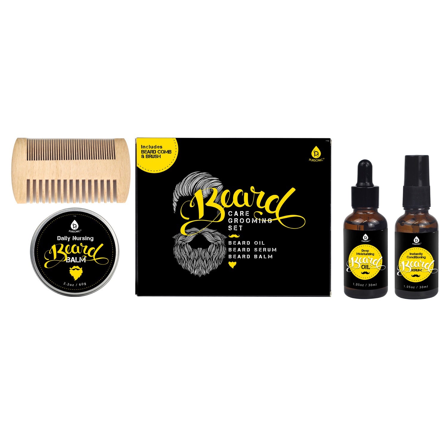 Beard Care Grooming Kit featuring a beard comb, oil, balm, and serum, all designed for optimal beard maintenance.