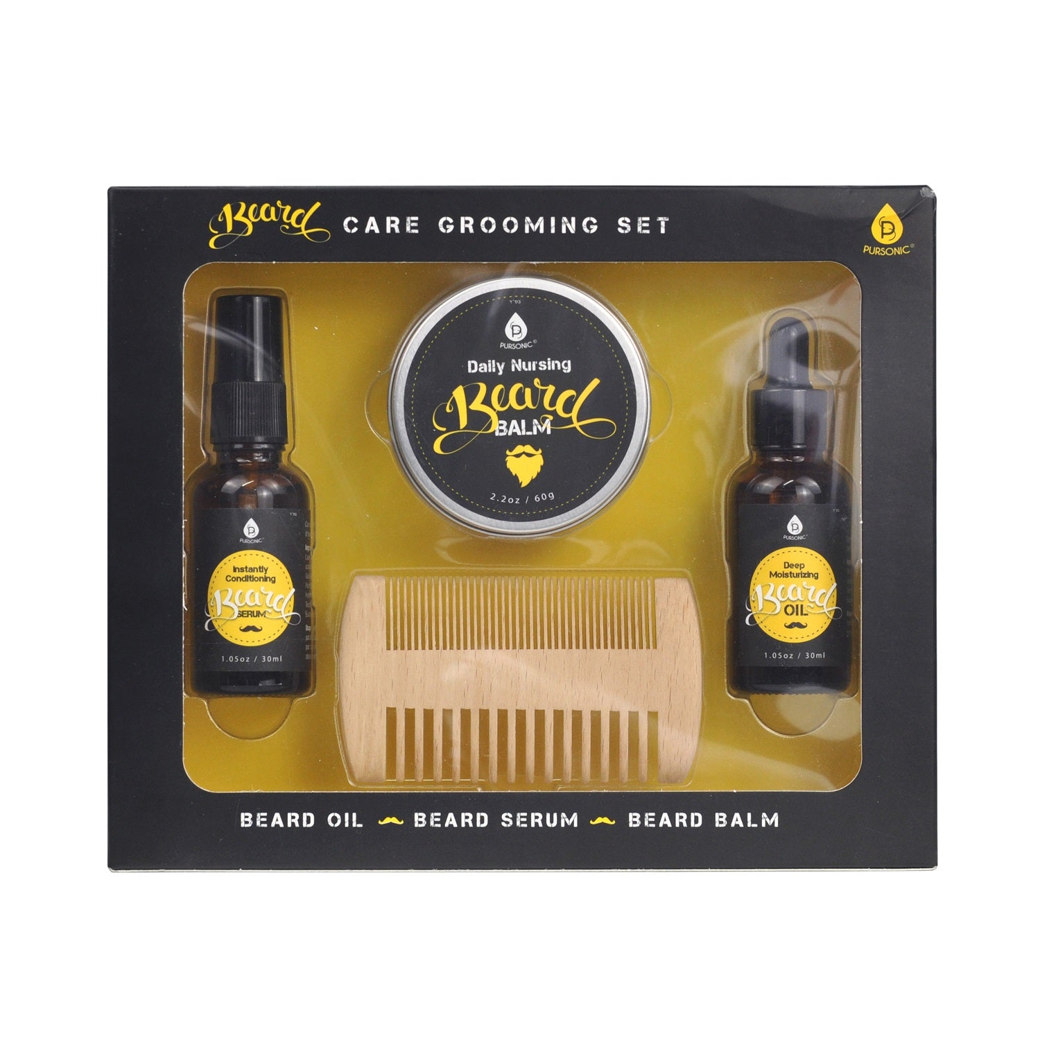 Beard Care Grooming Kit featuring a beard comb, oil, balm, and serum, all designed for optimal beard maintenance.