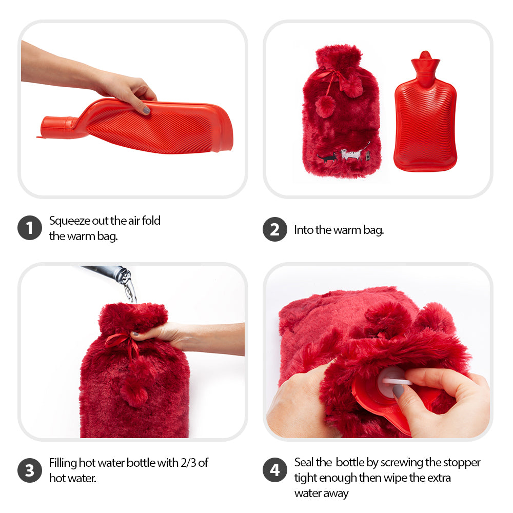 BiggDesign Katzen Wärmflasche in Rot mit Plüschbezug, 2L Gummiwasserbeutel, niedliches Katzenmotiv.