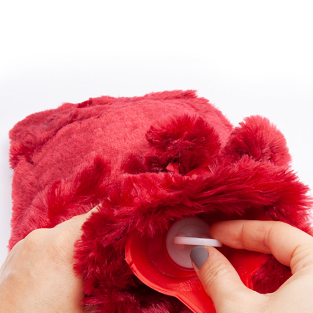 BiggDesign Katzen Wärmflasche in Rot mit Plüschbezug, 2L Gummiwasserbeutel, niedliches Katzenmotiv.