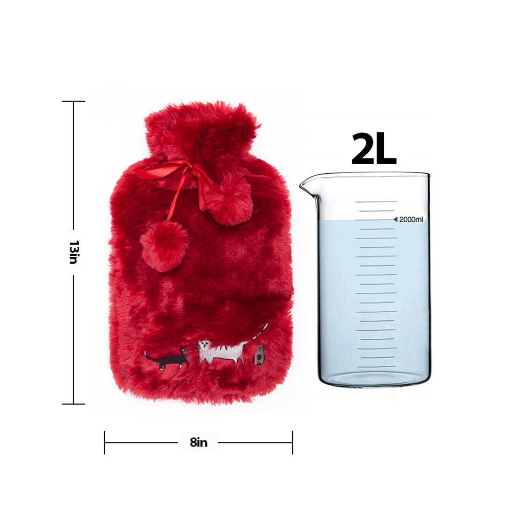 BiggDesign Katzen Wärmflasche in Rot mit Plüschbezug, 2L Gummiwasserbeutel, niedliches Katzenmotiv.