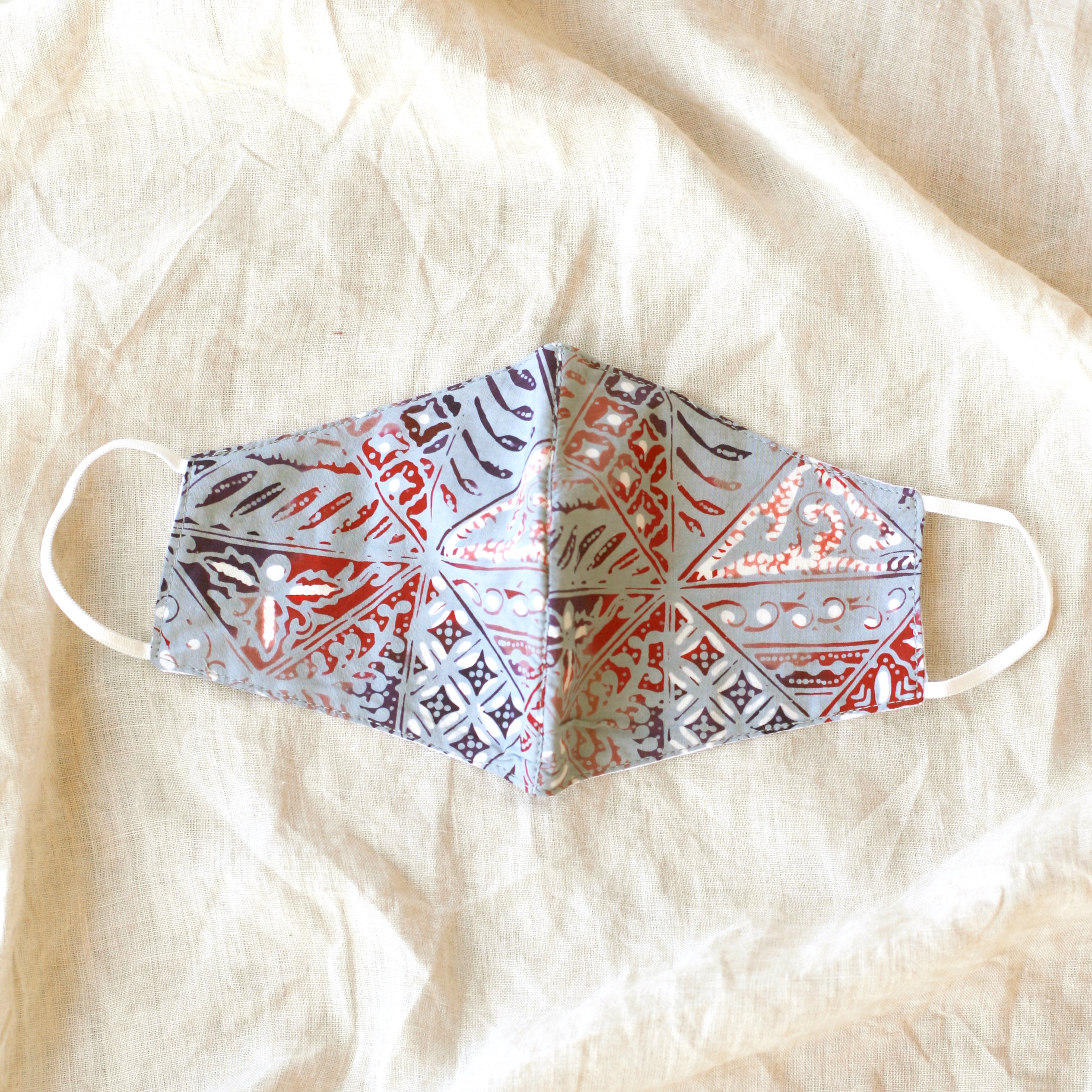 BLUE JAVA Triple Layer Vintage Batik Face Mask featuring intricate Batik patterns, waterproof filter, and elastic ear straps for a secure fit.