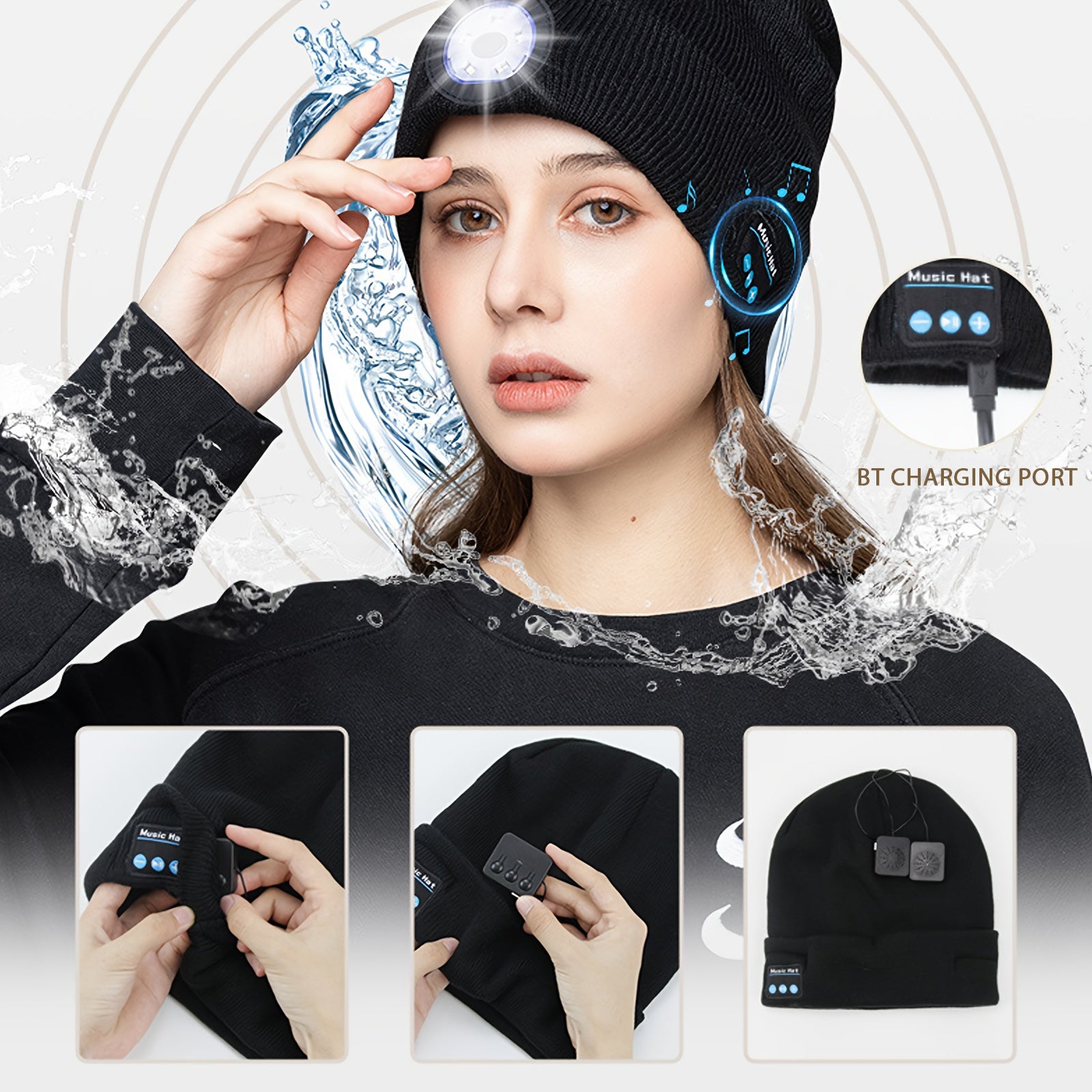Bluetooth Music LED Beanie Hat in black with built-in light and headphones, perfect for outdoor activities.