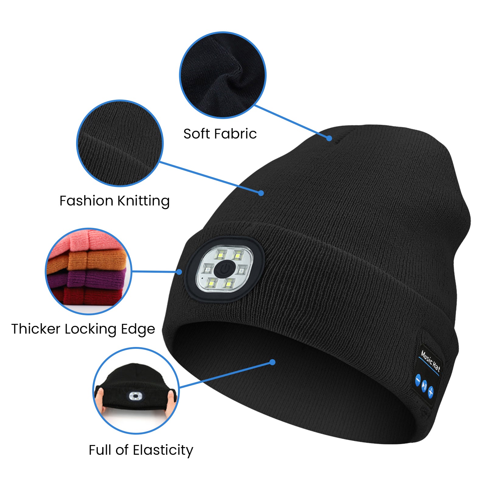 Bluetooth Music LED Beanie Hat in black with built-in light and headphones, perfect for outdoor activities.