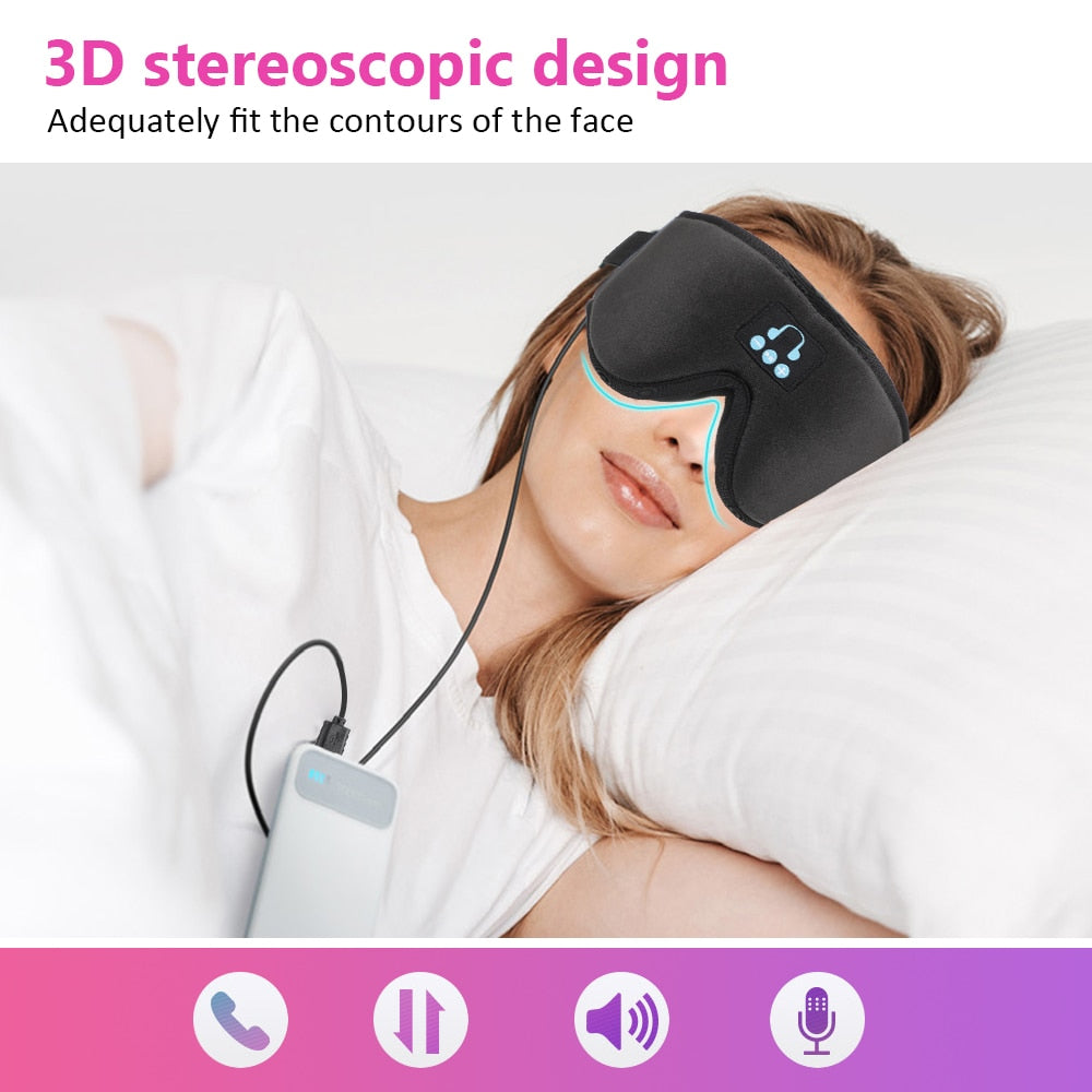 Bluetooth Sleeping Headphones Eye Mask in black, featuring a soft, breathable design with built-in wireless headphones for comfortable sleep.