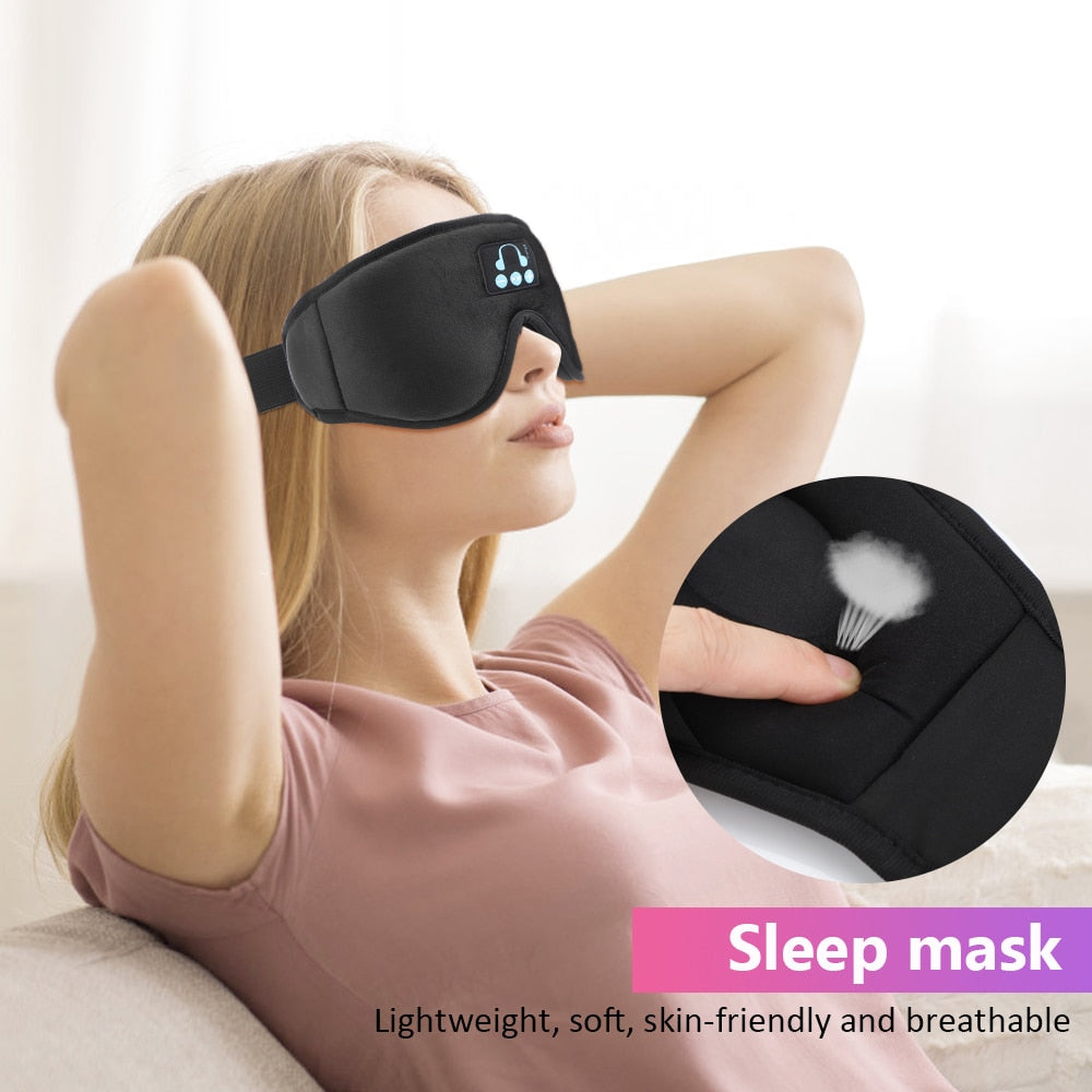 Bluetooth Sleeping Headphones Eye Mask in black, featuring a soft, breathable design with built-in wireless headphones for comfortable sleep.