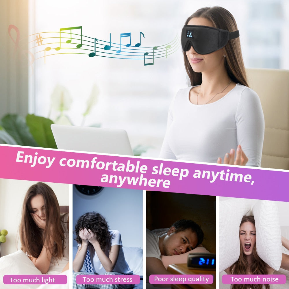 Bluetooth Sleeping Headphones Eye Mask in black, featuring a soft, breathable design with built-in wireless headphones for comfortable sleep.