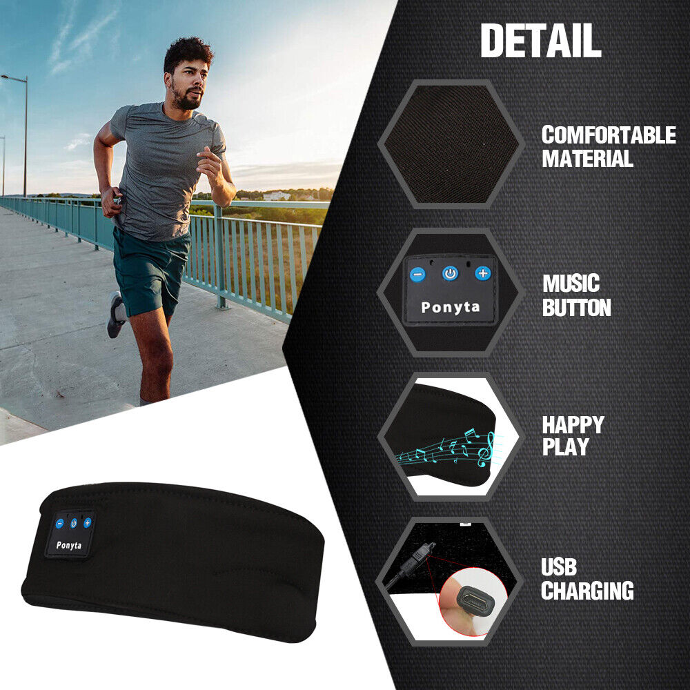 Bluetooth Sports Headband with adjustable earpieces, designed for comfort and high-quality sound, suitable for sleeping and sports activities.