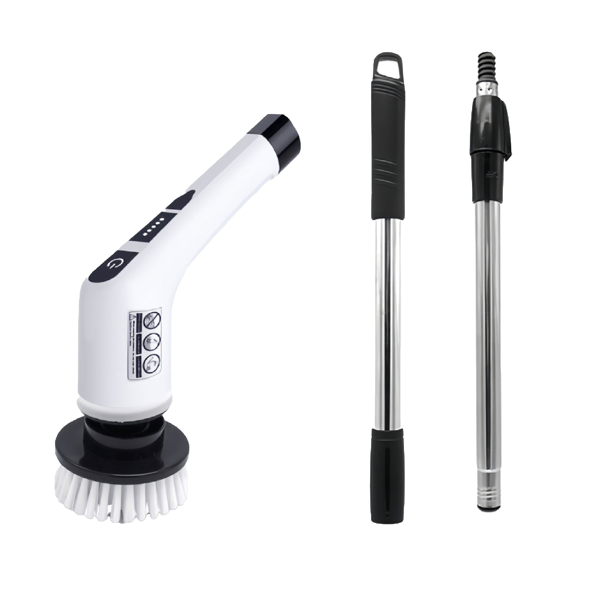 Cordless Rechargeable Power Scrubber Brush with adjustable handle and multiple cleaning heads for versatile cleaning tasks.