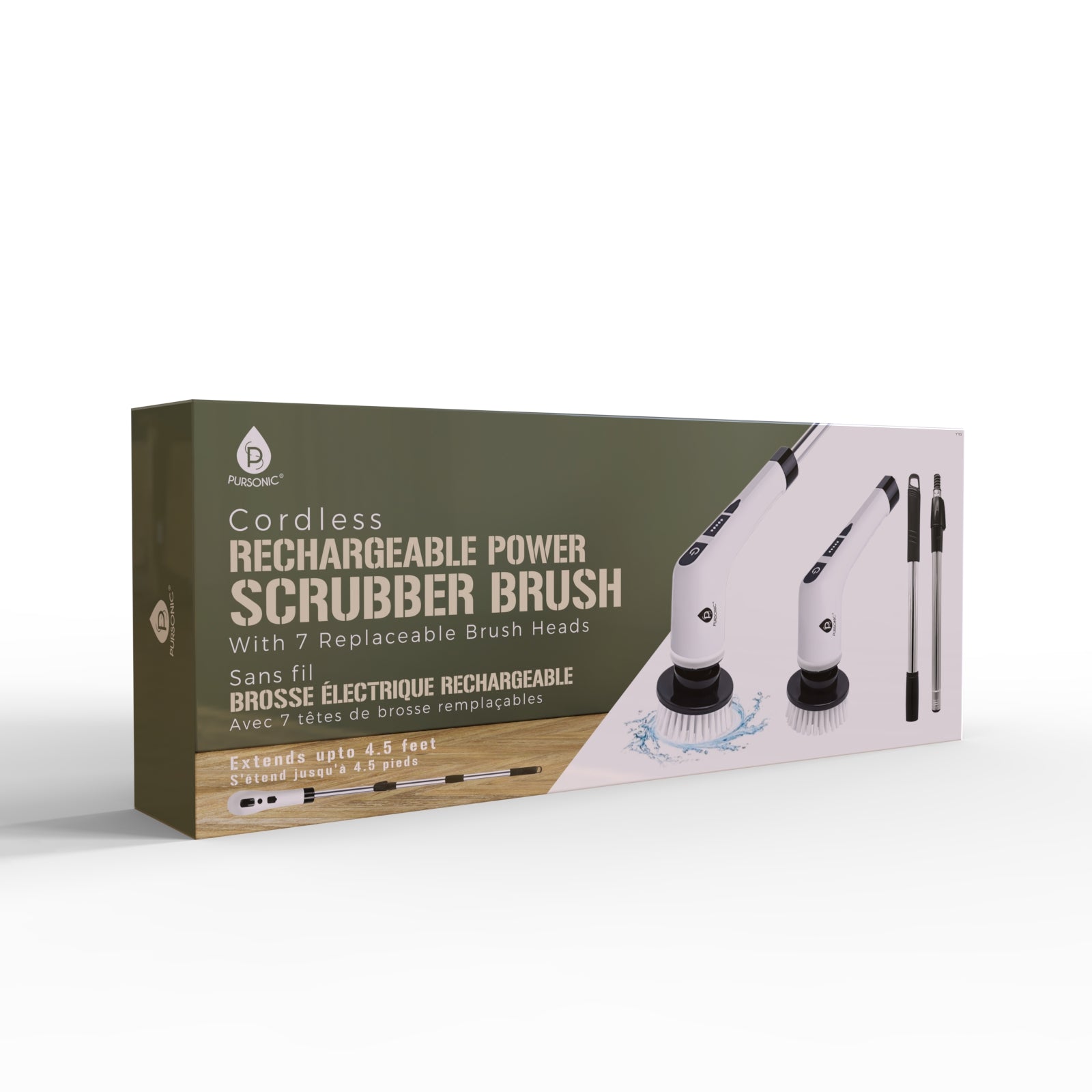 Cordless Rechargeable Power Scrubber Brush with adjustable handle and multiple cleaning heads for versatile cleaning tasks.