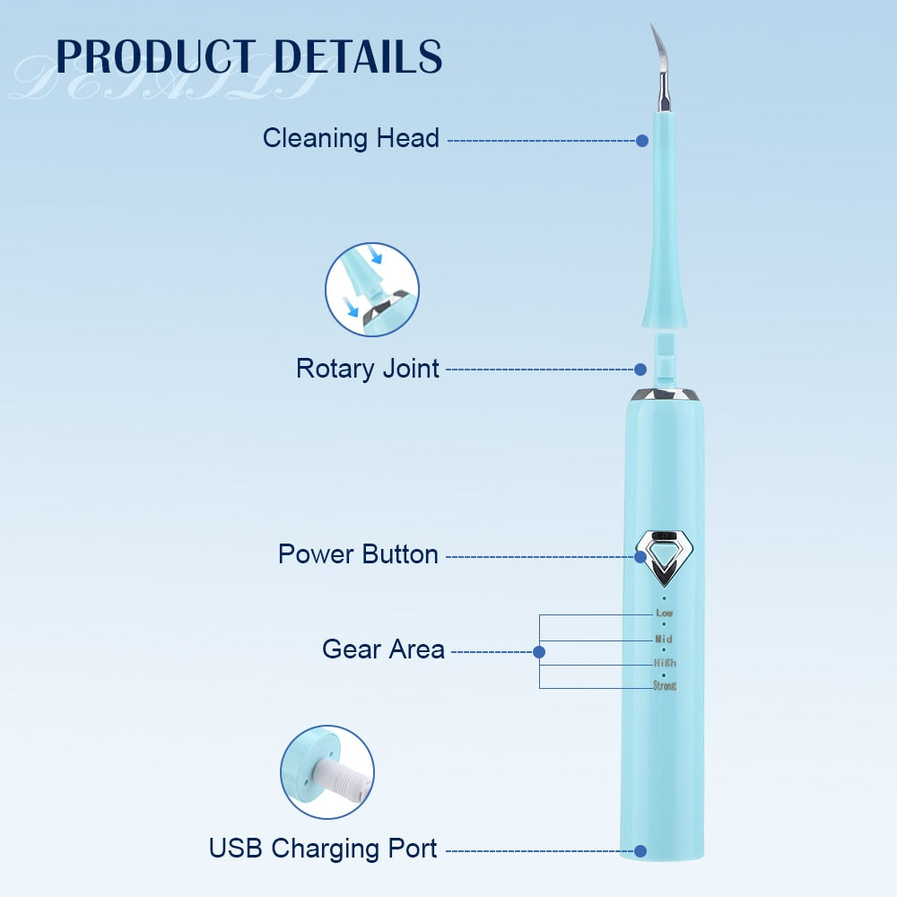 Dental Tartar Cleaner Electric Toothbrush with multiple cleaning heads and USB charging cable, designed for effective teeth whitening and tartar removal.