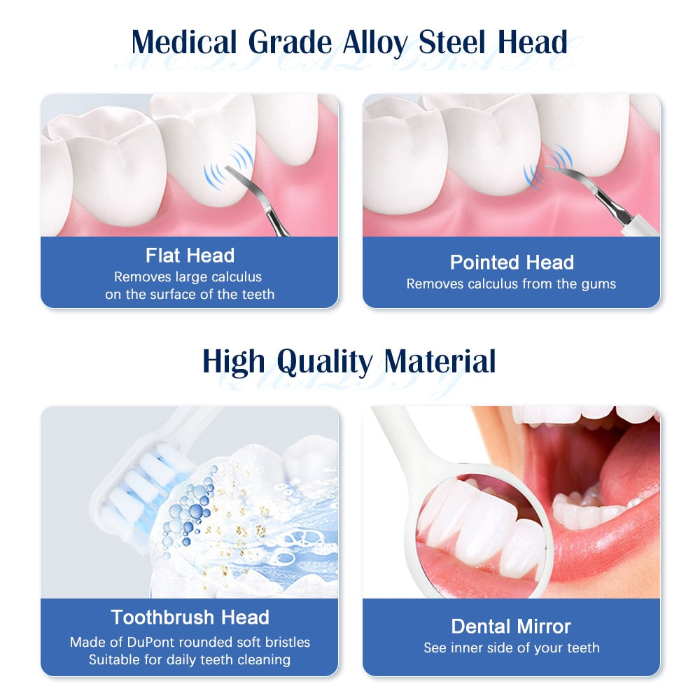 Dental Tartar Cleaner Electric Toothbrush with multiple cleaning heads and USB charging cable, designed for effective teeth whitening and tartar removal.