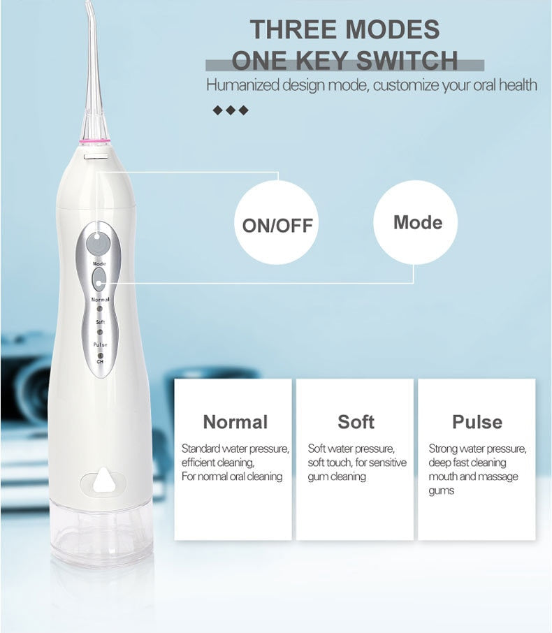 Rechargeable Dental Water Jet Oral Irrigator with USB charging, featuring a water tank and multiple nozzles for effective oral hygiene.