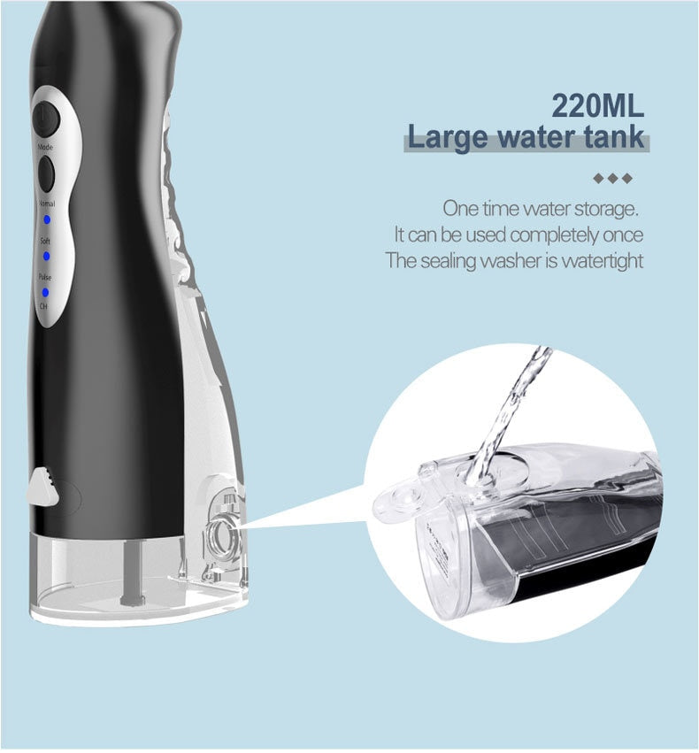 Rechargeable Dental Water Jet Oral Irrigator with USB charging, featuring a water tank and multiple nozzles for effective oral hygiene.
