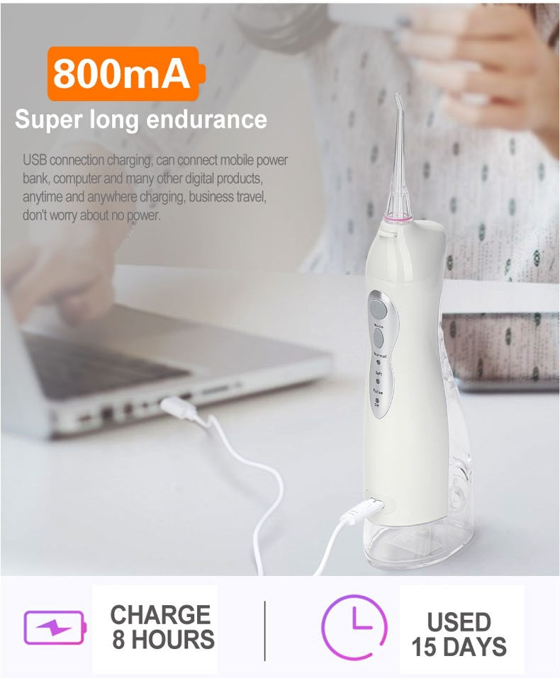 Rechargeable Dental Water Jet Oral Irrigator with USB charging, featuring a water tank and multiple nozzles for effective oral hygiene.