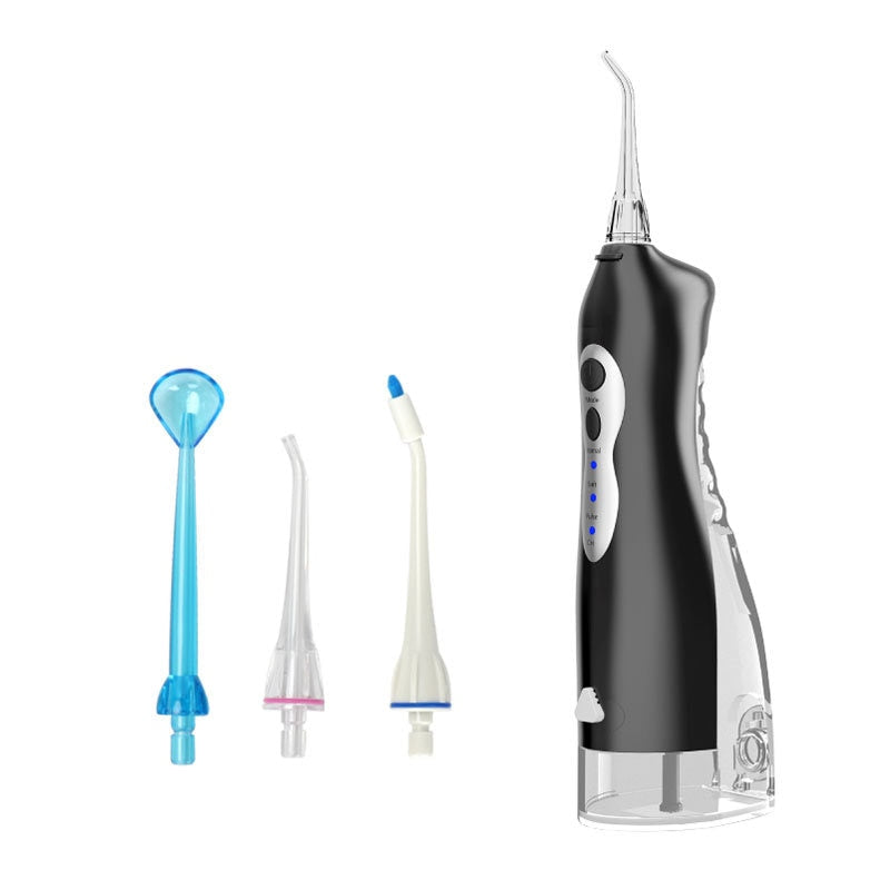 Rechargeable Dental Water Jet Oral Irrigator with USB charging, featuring a water tank and multiple nozzles for effective oral hygiene.